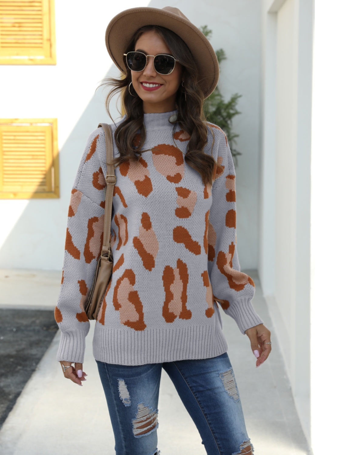 Leopard Mock Neck Dropped Shoulder Sweater Print on any thing USA/STOD clothes