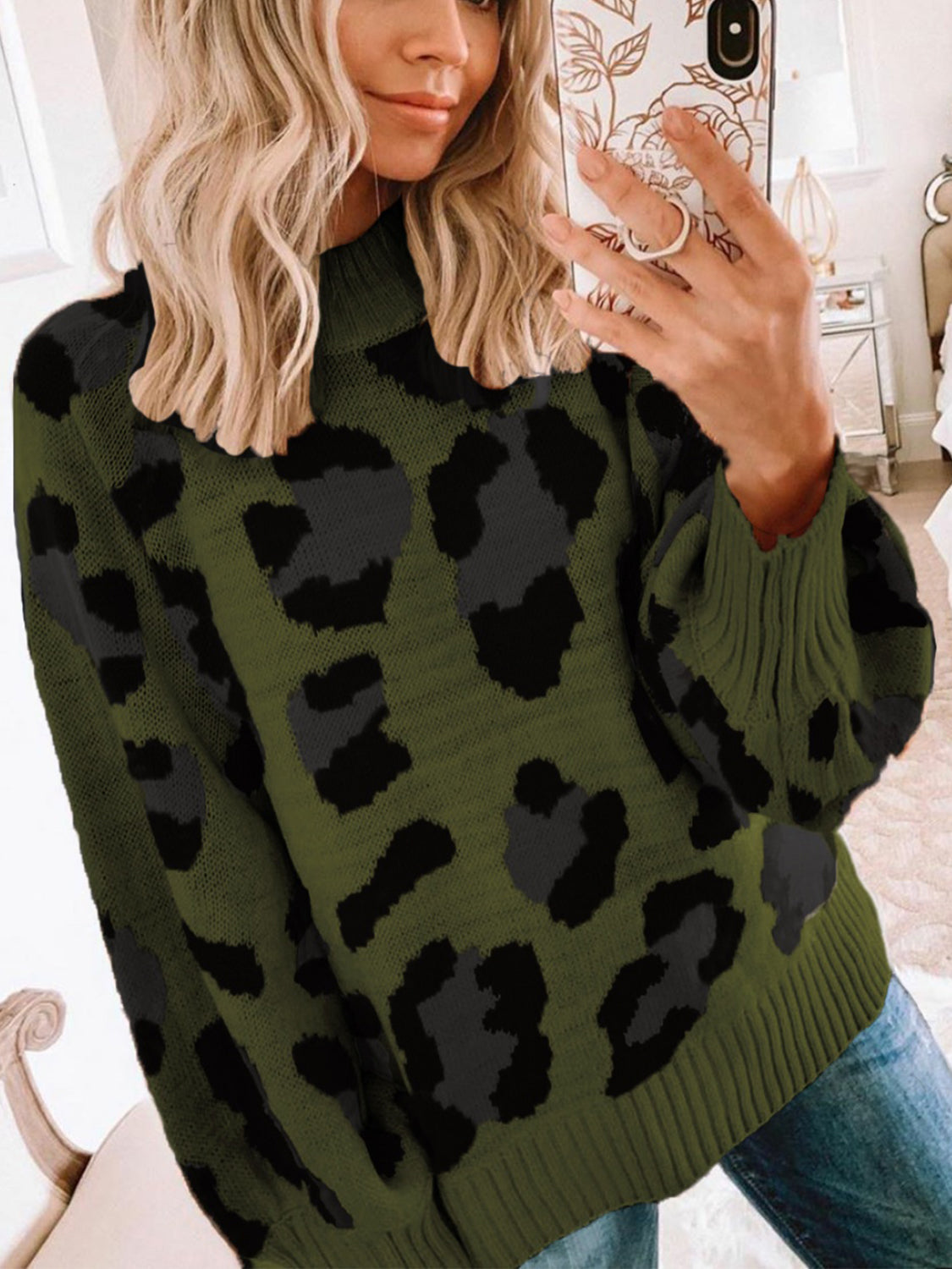 Leopard Mock Neck Dropped Shoulder Sweater Print on any thing USA/STOD clothes