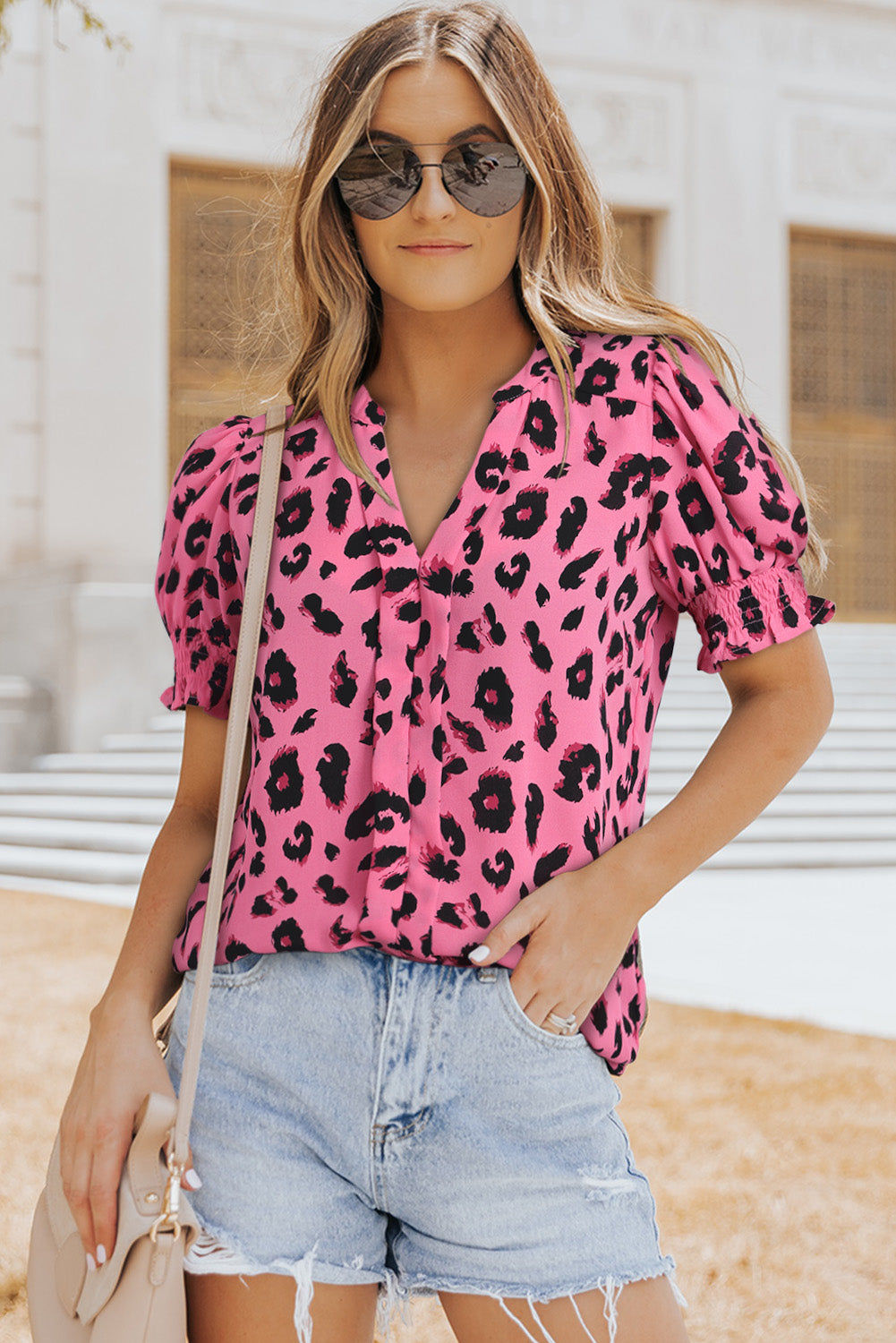 Leopard Notched Neck Short Flounce Sleeve Blouse Print on any thing USA/STOD clothes