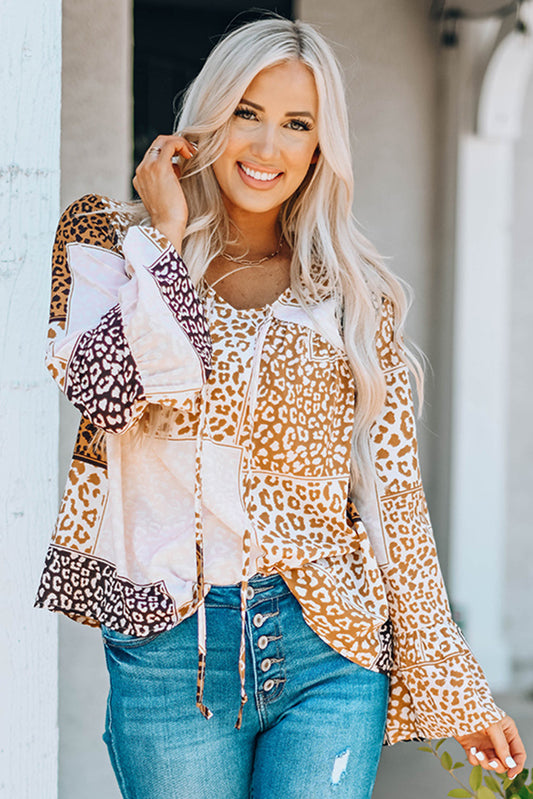 Leopard Patchwork Tied Flare Sleeve Blouse Print on any thing USA/STOD clothes
