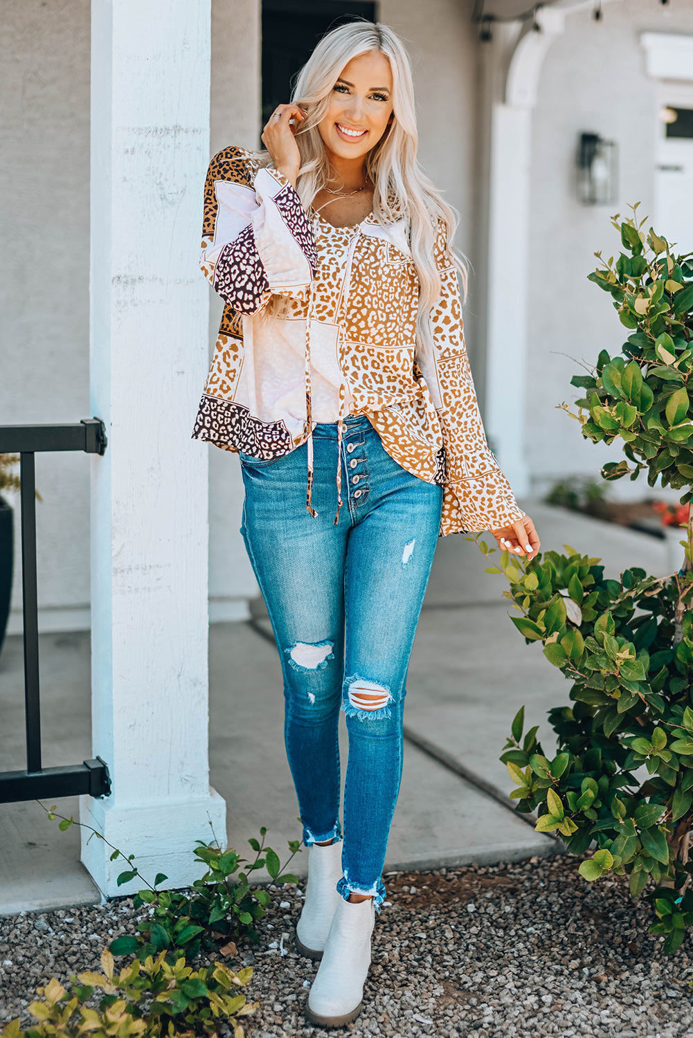 Leopard Patchwork Tied Flare Sleeve Blouse Print on any thing USA/STOD clothes