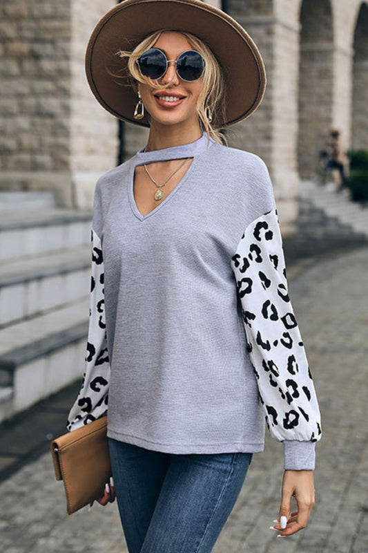 Leopard Print Cutout Long Sleeve Tee Print on any thing USA/STOD clothes