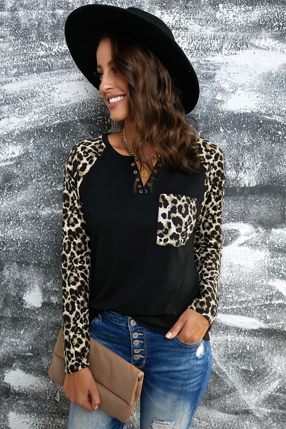 Leopard Print Grommet Long Sleeve Tee Print on any thing USA/STOD clothes