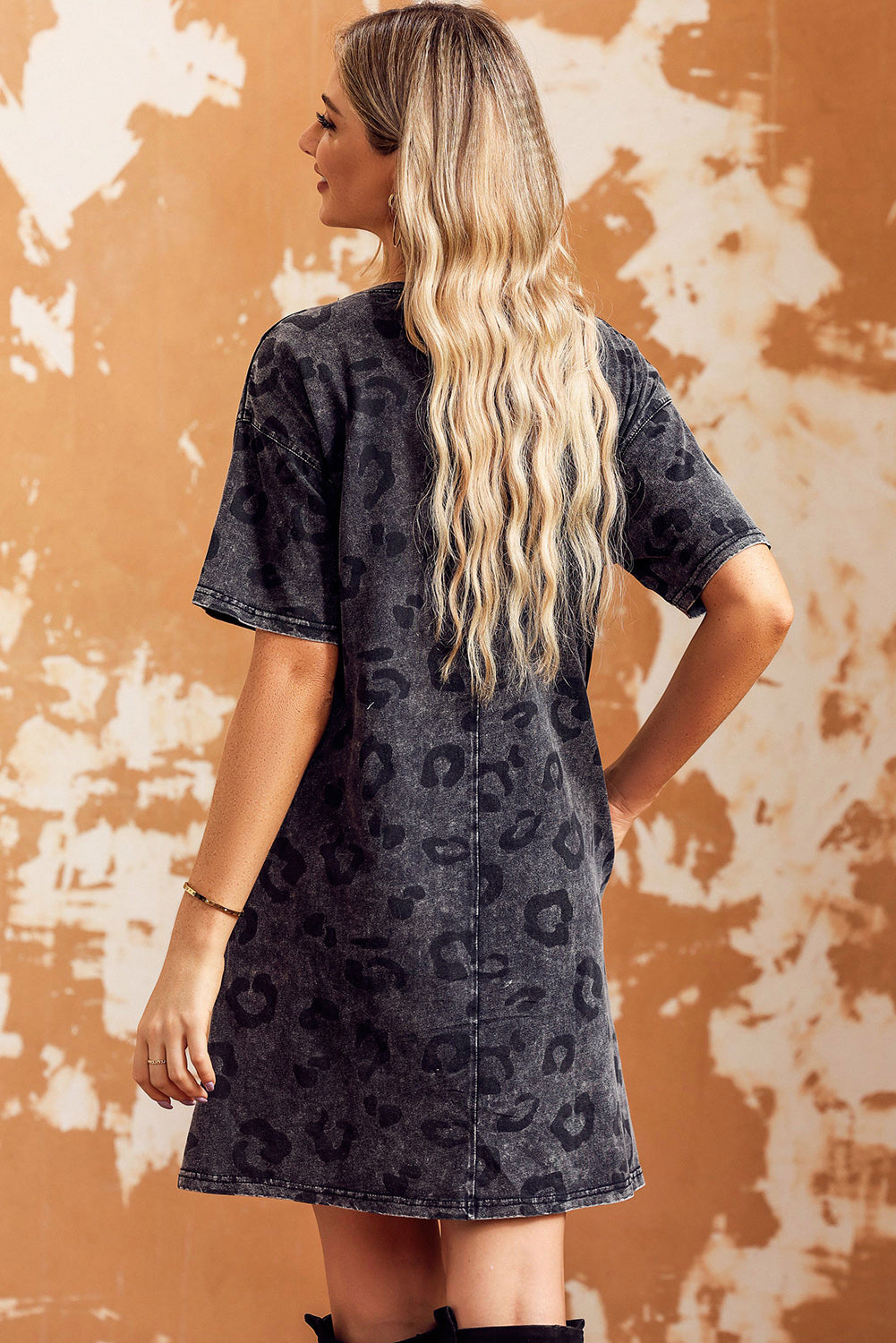 Leopard Round Neck Dropped Shoulder Dress with Pockets Print on any thing USA/STOD clothes