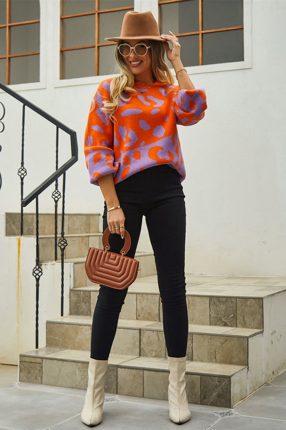 Leopard Round Neck Dropped Shoulder Sweater Print on any thing USA/STOD clothes