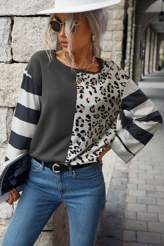 Leopard Striped Round Neck Long Sleeve Tee Print on any thing USA/STOD clothes