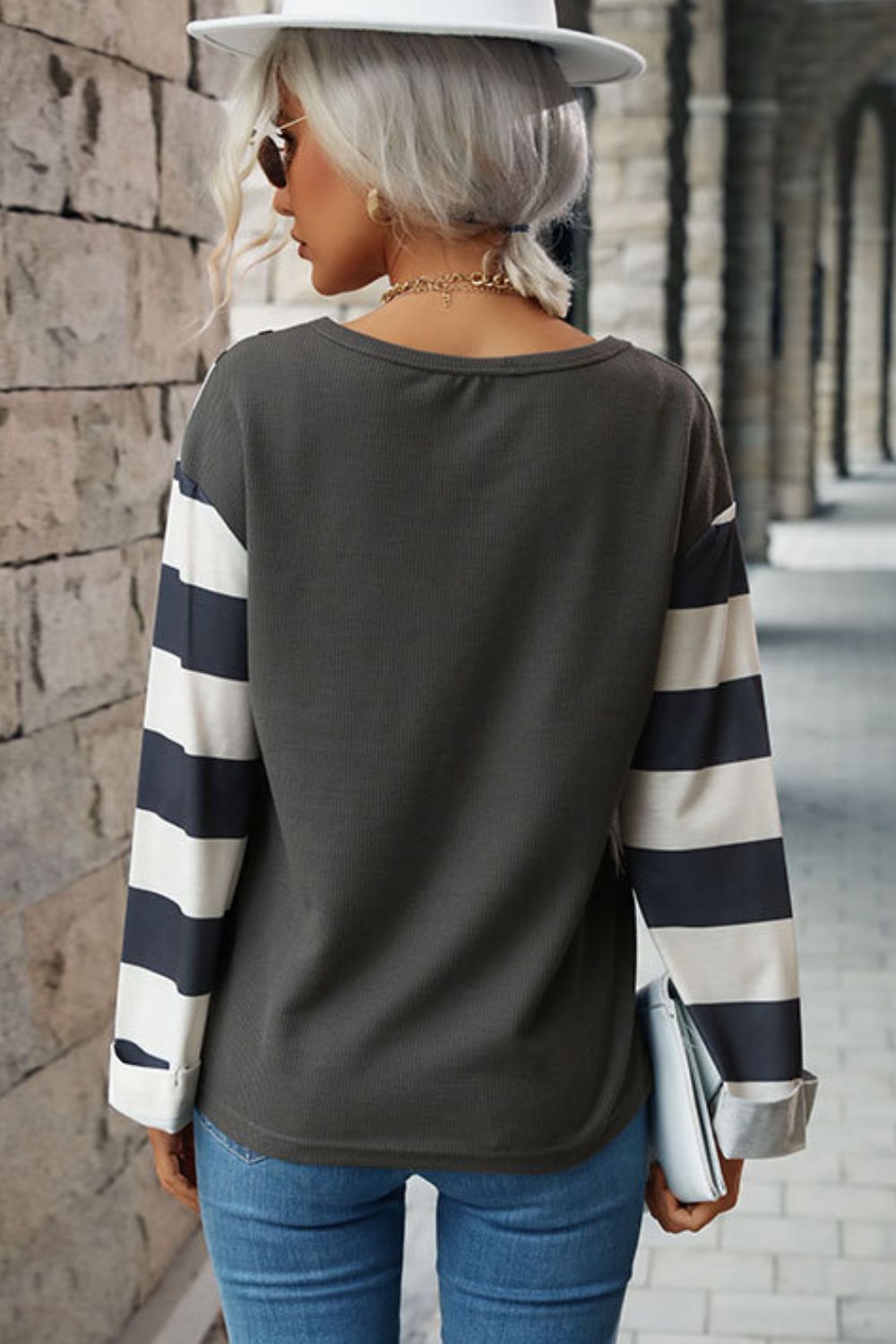 Leopard Striped Round Neck Long Sleeve Tee Print on any thing USA/STOD clothes