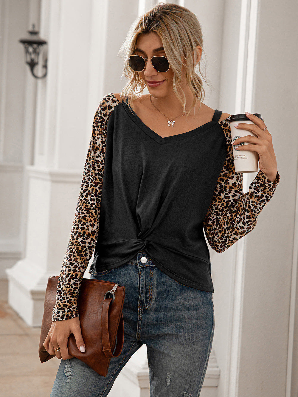 Leopard Twist Front Cold-Shoulder Tee Print on any thing USA/STOD clothes