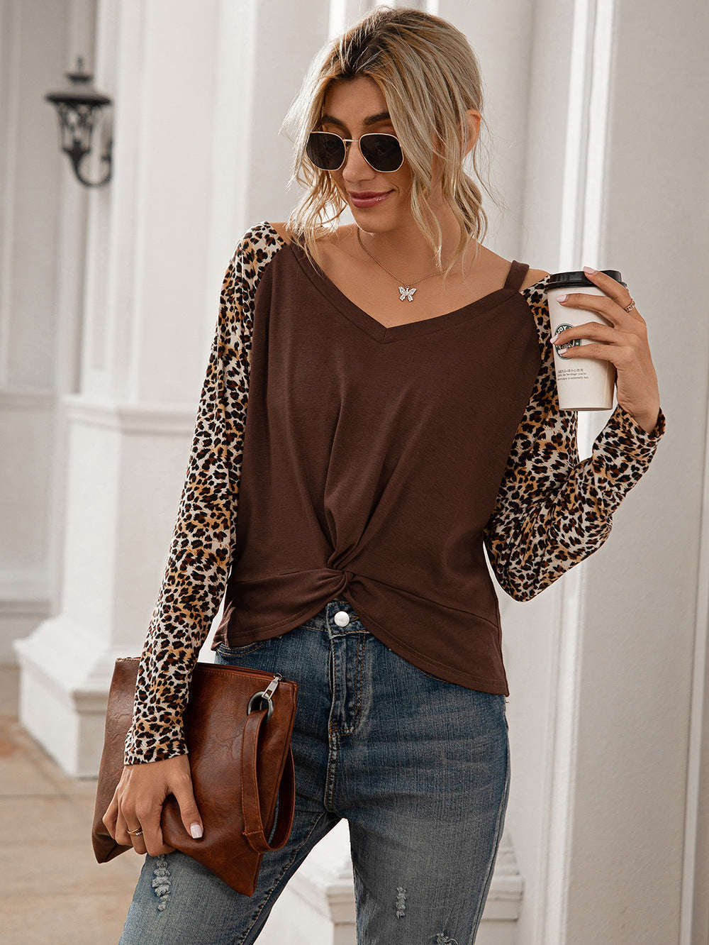 Leopard Twist Front Cold-Shoulder Tee Print on any thing USA/STOD clothes