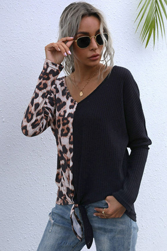 Leopard V-Neck Tie Front Top Print on any thing USA/STOD clothes