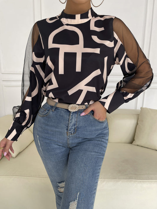 Letter Print Spliced Mesh Sleeve Blouse Print on any thing USA/STOD clothes