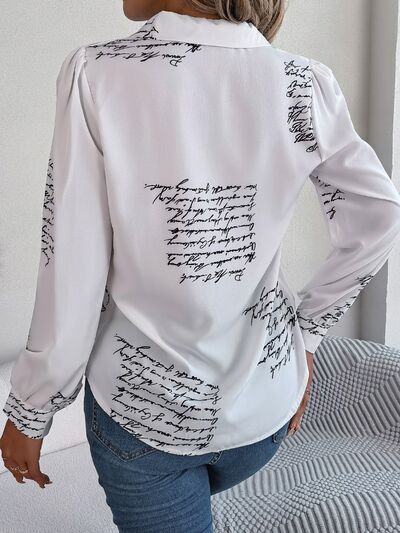 Letter Printed Button Up Long Sleeve Blouse Print on any thing USA/STOD clothes