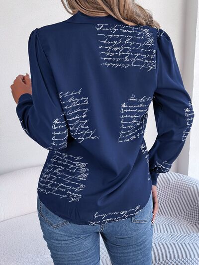 Letter Printed Button Up Long Sleeve Blouse Print on any thing USA/STOD clothes