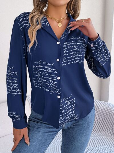 Letter Printed Button Up Long Sleeve Blouse Print on any thing USA/STOD clothes