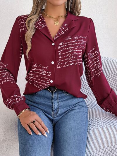 Letter Printed Button Up Long Sleeve Blouse Print on any thing USA/STOD clothes