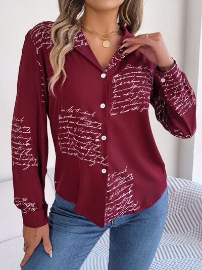 Letter Printed Button Up Long Sleeve Blouse Print on any thing USA/STOD clothes