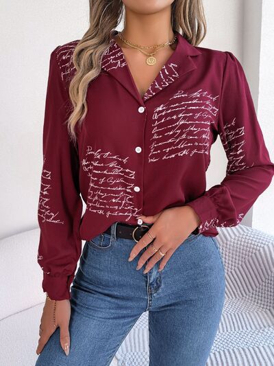 Letter Printed Button Up Long Sleeve Blouse Print on any thing USA/STOD clothes