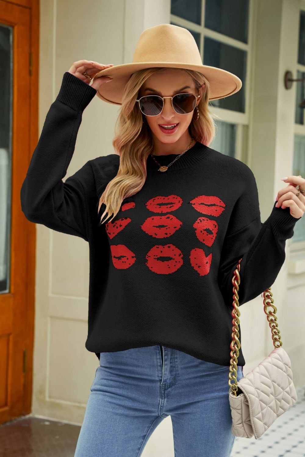 Lip Graphic Slit Dropped Shoulder Sweater Print on any thing USA/STOD clothes