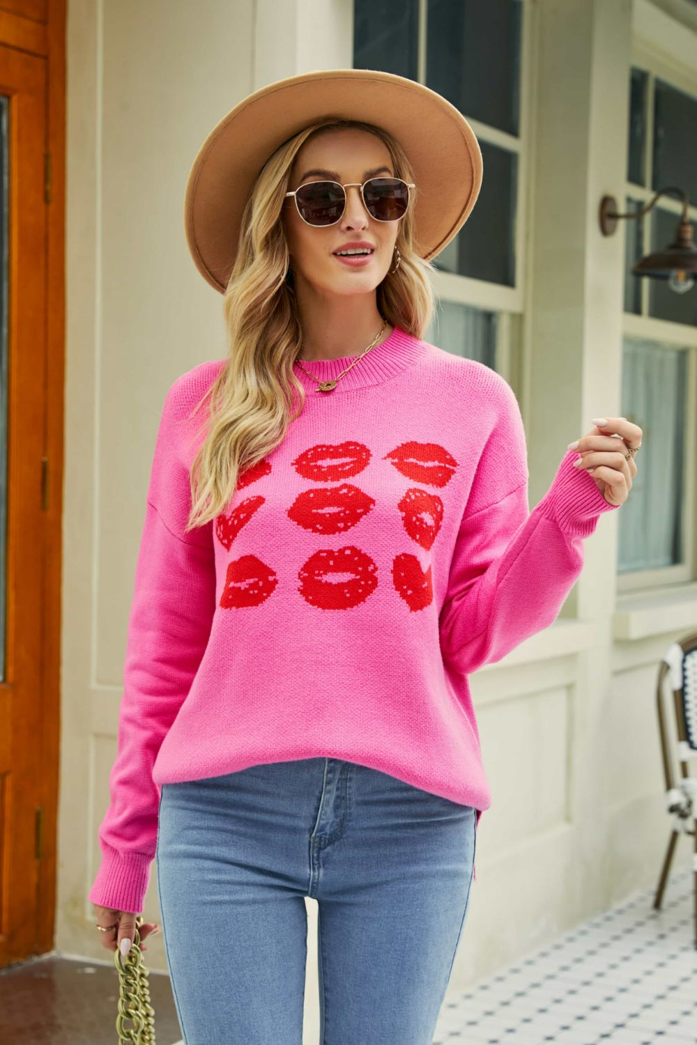 Lip Graphic Slit Dropped Shoulder Sweater Print on any thing USA/STOD clothes