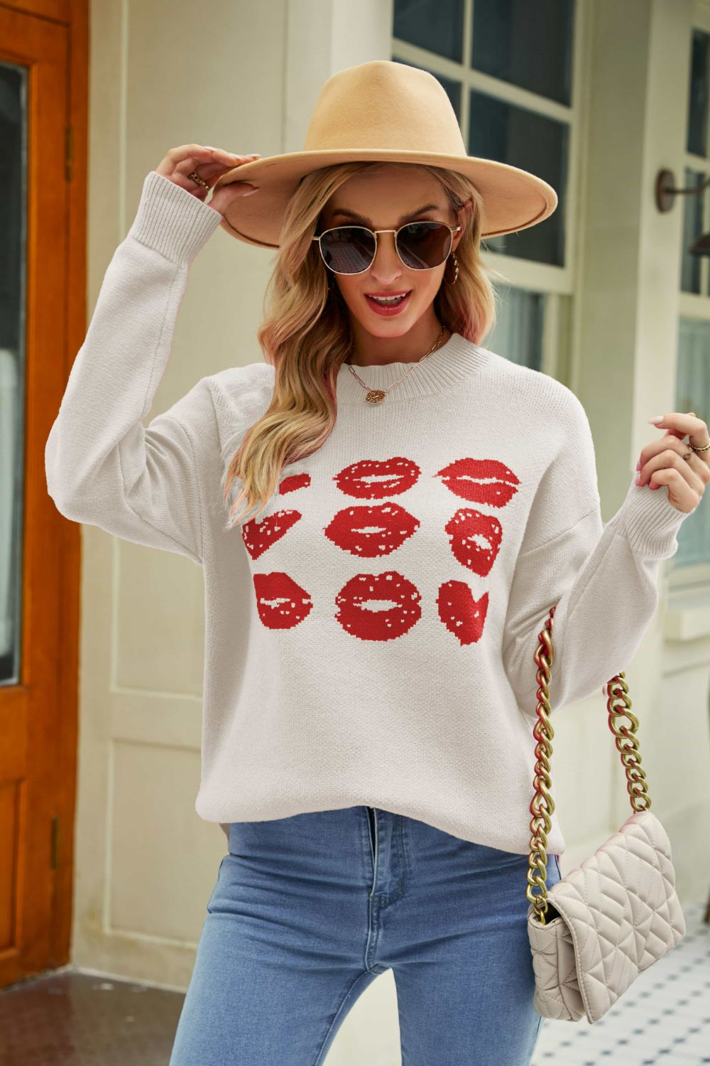 Lip Graphic Slit Dropped Shoulder Sweater Print on any thing USA/STOD clothes