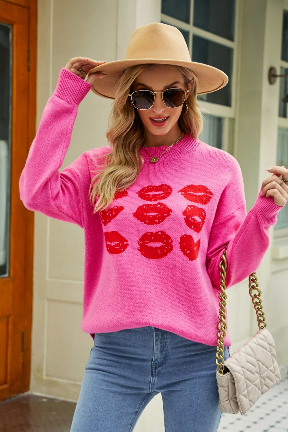 Lip Graphic Slit Dropped Shoulder Sweater Print on any thing USA/STOD clothes