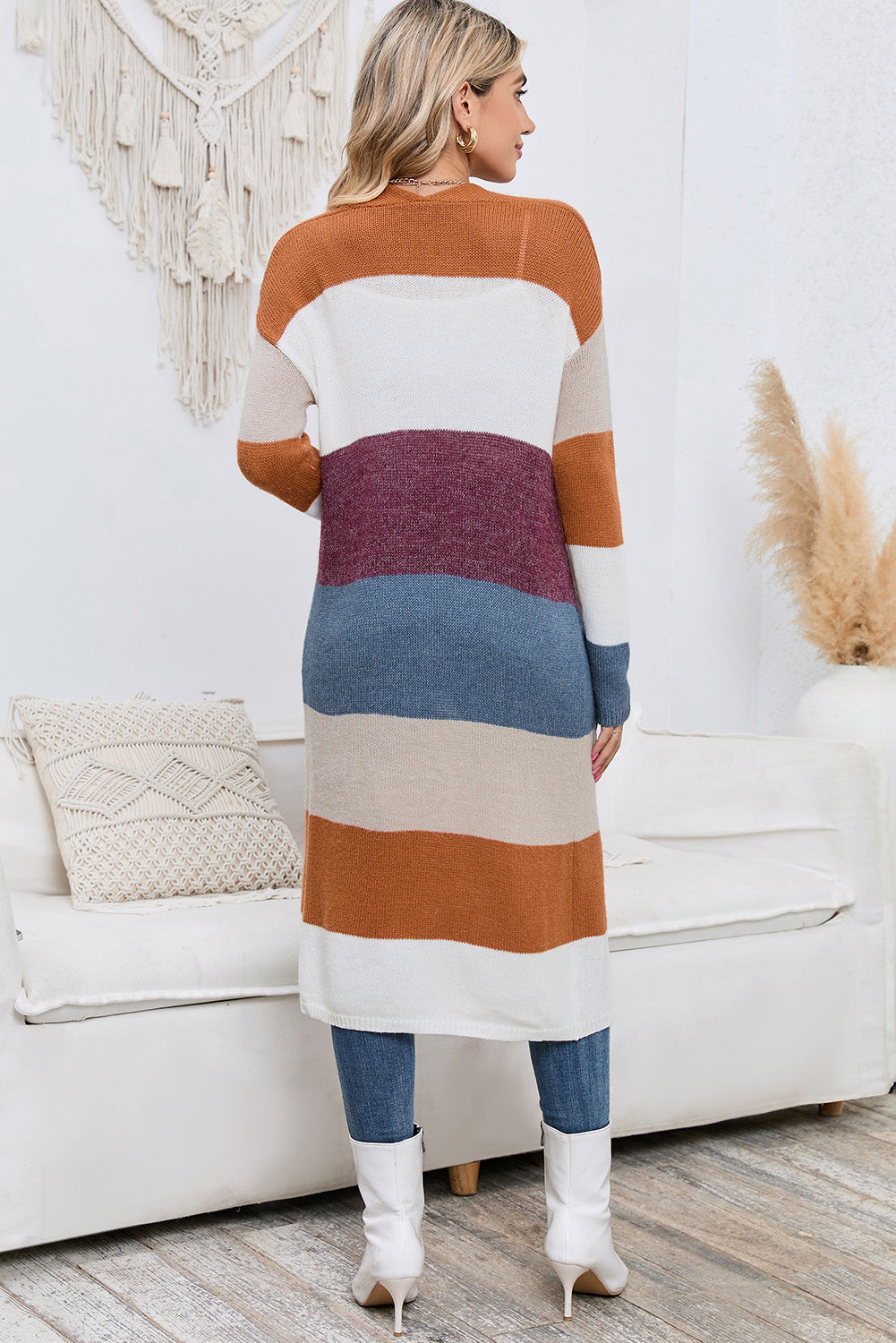 Long Color Block Open Front Pocketed Cardigan Print on any thing USA/STOD clothes