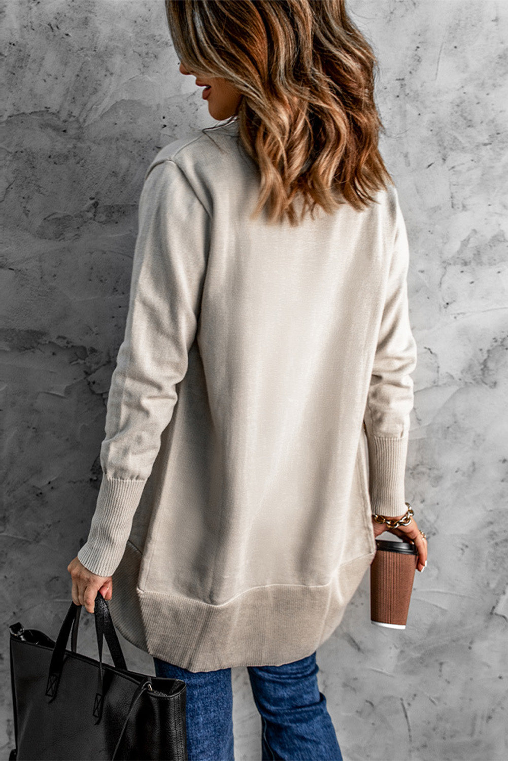 Long Sleeve Ribbed Hem Open Front Longline Cardigan Print on any thing USA/STOD clothes