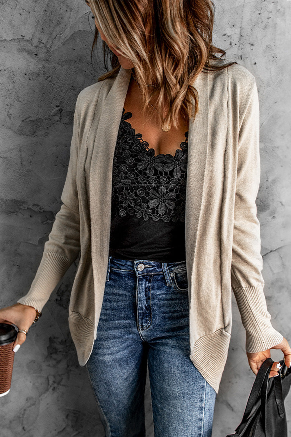 Long Sleeve Ribbed Hem Open Front Longline Cardigan Print on any thing USA/STOD clothes