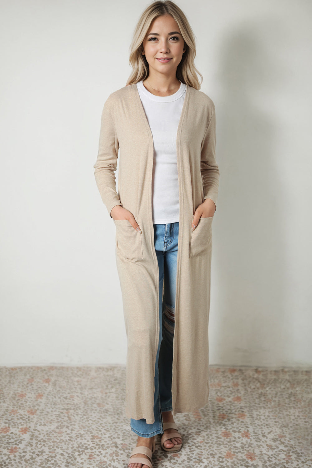 Long Sleeve Slit Cardigan with Pocket Print on any thing USA/STOD clothes