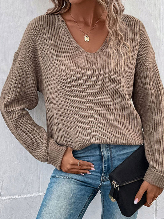 Long-sleeved solid color v-neck loose casual sweater Print on any thing USA/STOD clothes