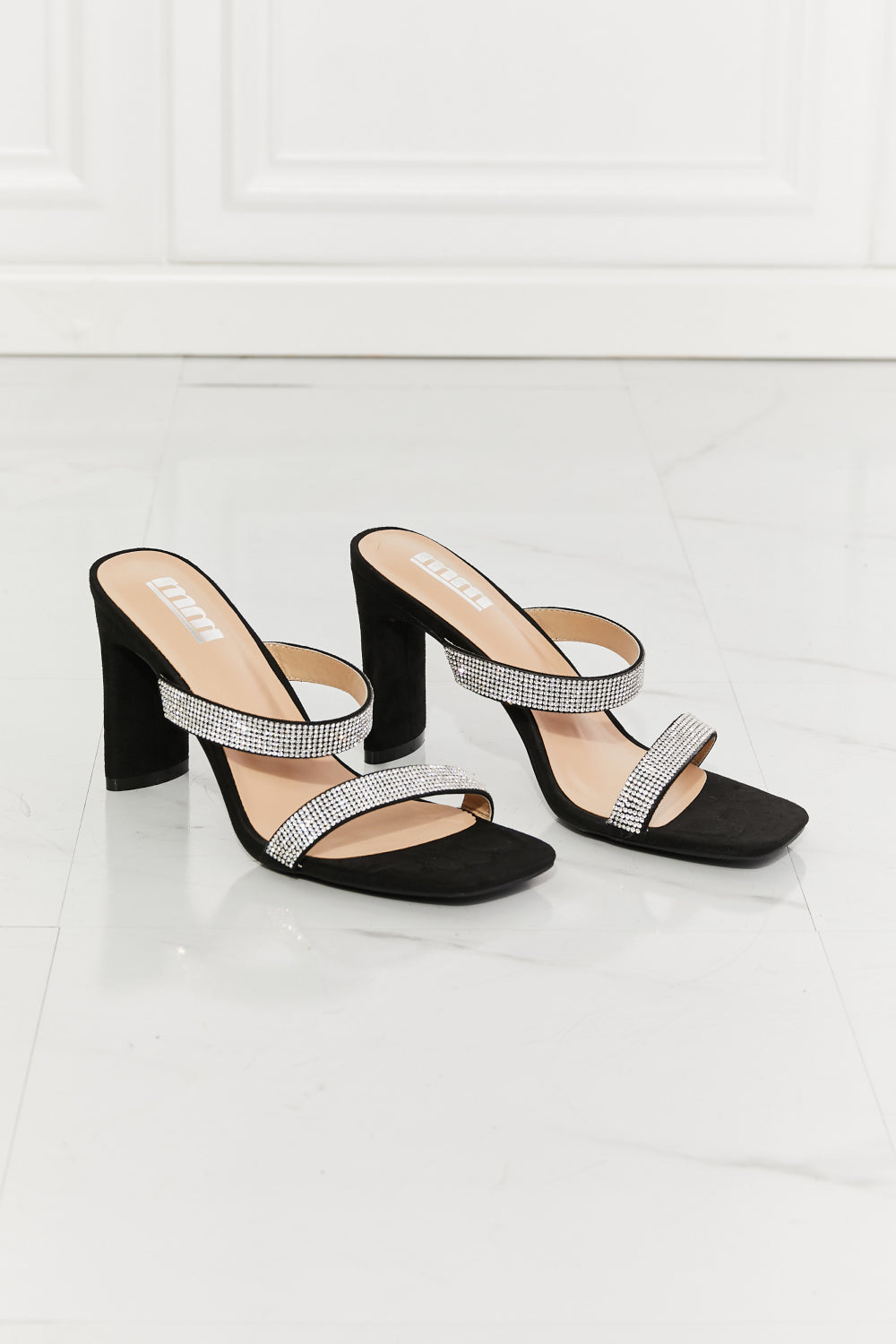 MMShoes Leave A Little Sparkle Rhinestone Block Heel Sandal in Black Print on any thing USA/STOD clothes