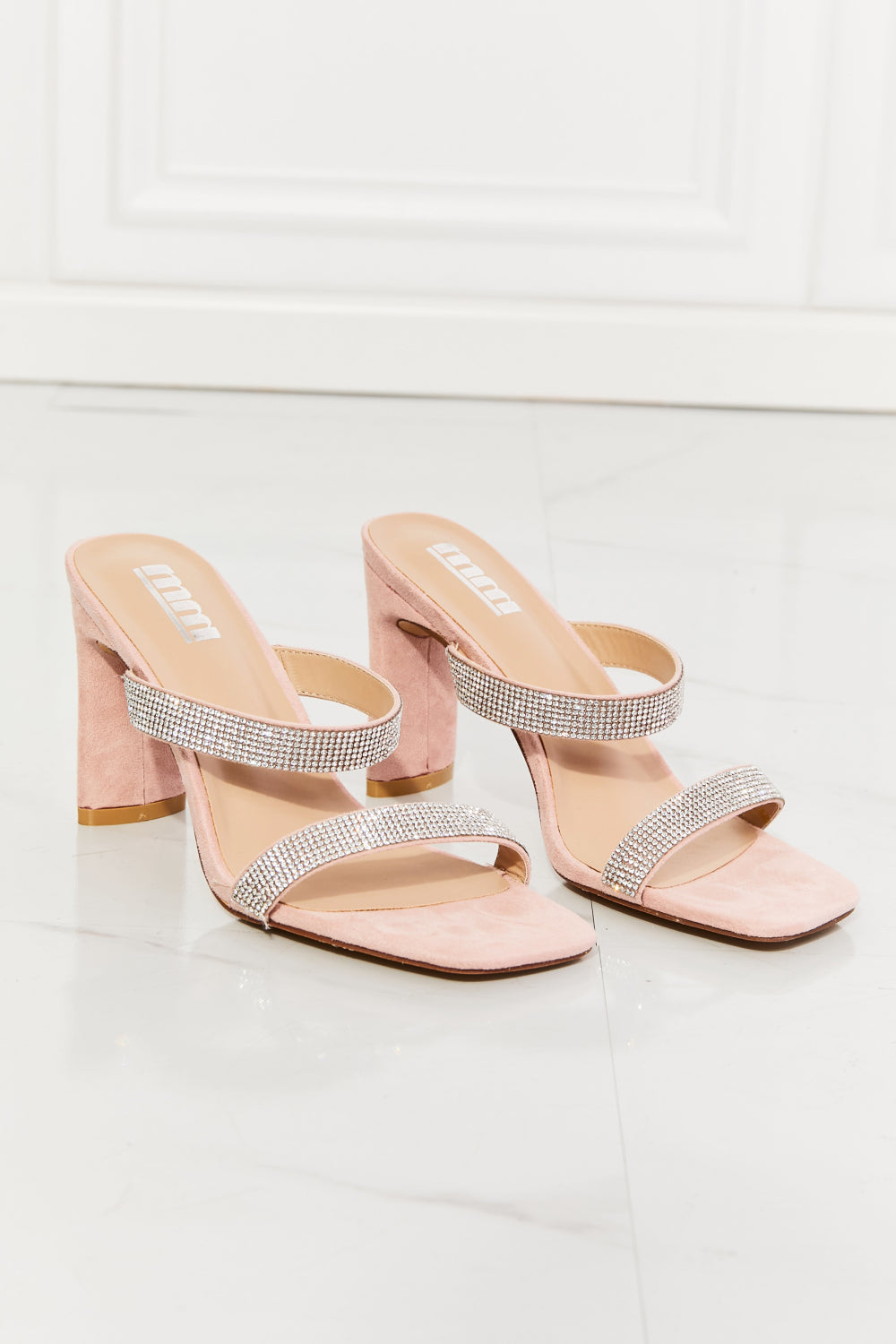 MMShoes Leave A Little Sparkle Rhinestone Block Heel Sandal in Pink Print on any thing USA/STOD clothes
