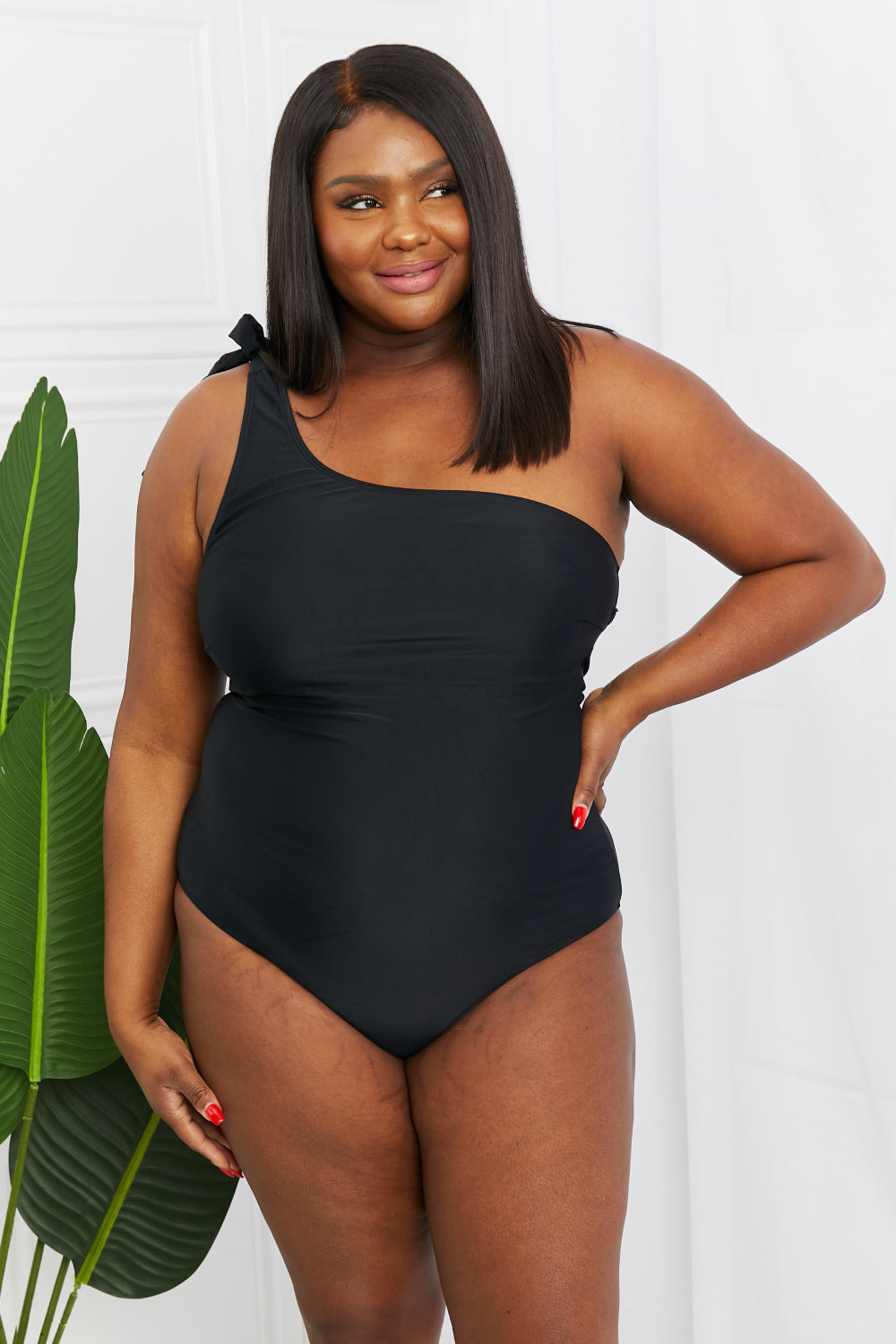 Marina West Swim Deep End One-Shoulder One-Piece Swimsuit in Black Print on any thing USA/STOD clothes