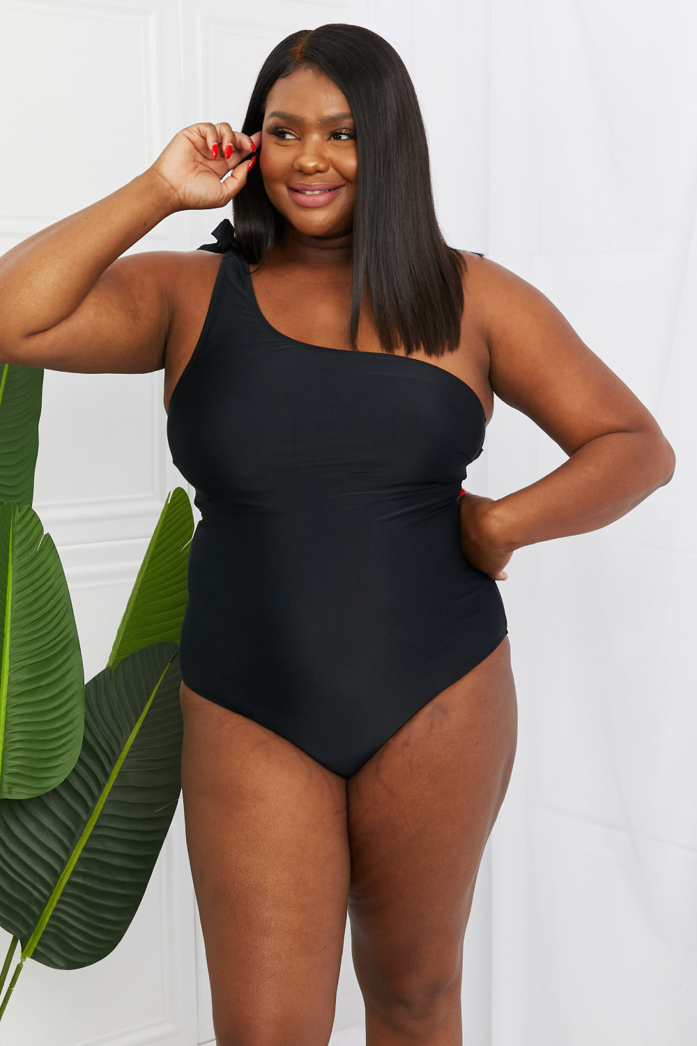 Marina West Swim Deep End One-Shoulder One-Piece Swimsuit in Black Print on any thing USA/STOD clothes