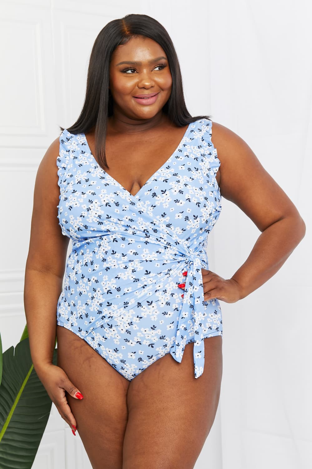 Marina West Swim Full Size Float On Ruffle Faux Wrap One-Piece in Blossom Blue Print on any thing USA/STOD clothes