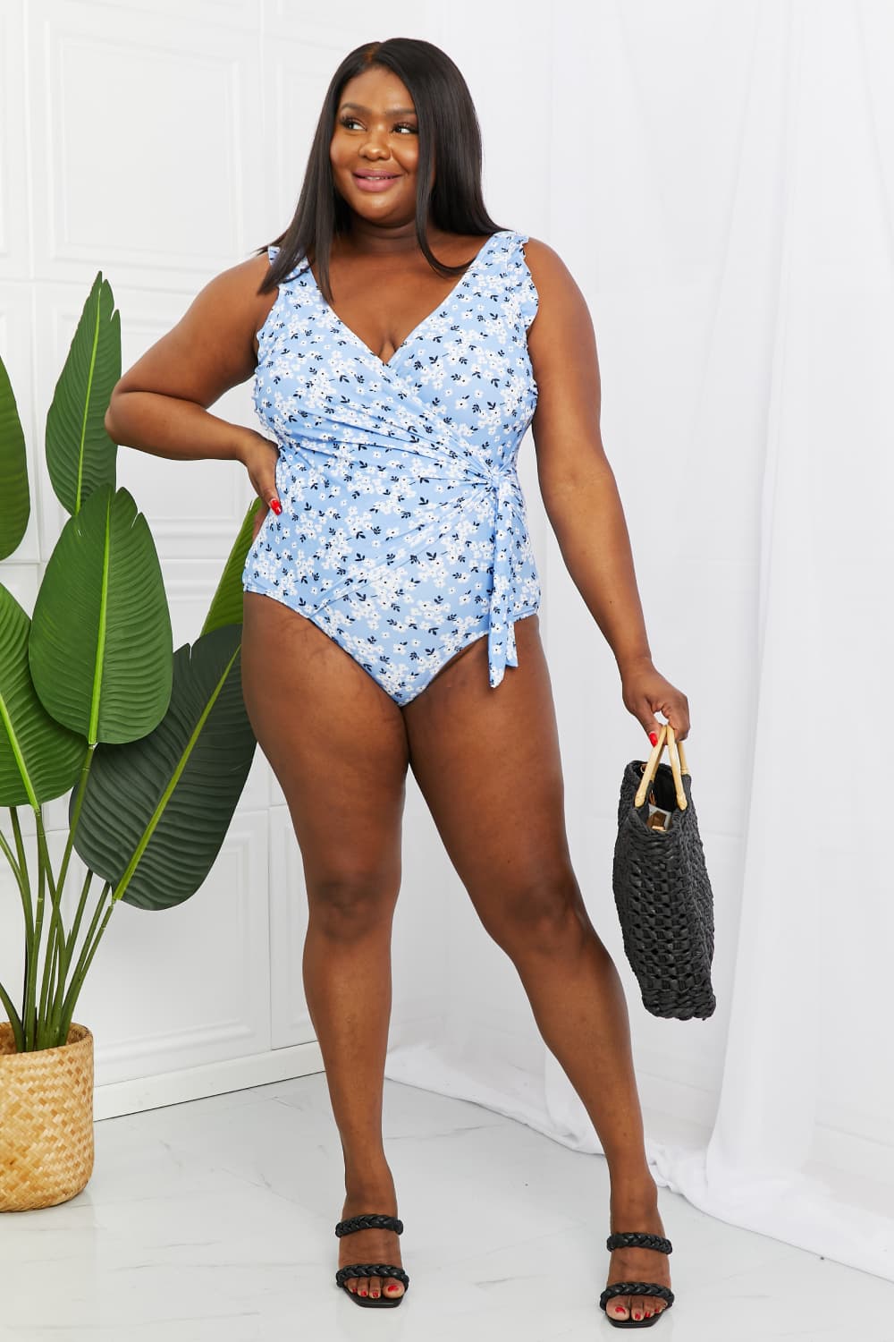 Marina West Swim Full Size Float On Ruffle Faux Wrap One-Piece in Blossom Blue Print on any thing USA/STOD clothes