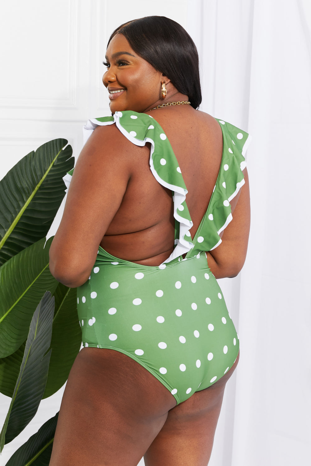 Marina West Swim Moonlit Dip Ruffle Plunge Swimsuit in Mid Green Print on any thing USA/STOD clothes