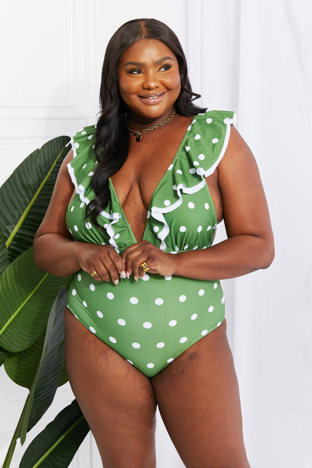 Marina West Swim Moonlit Dip Ruffle Plunge Swimsuit in Mid Green Print on any thing USA/STOD clothes