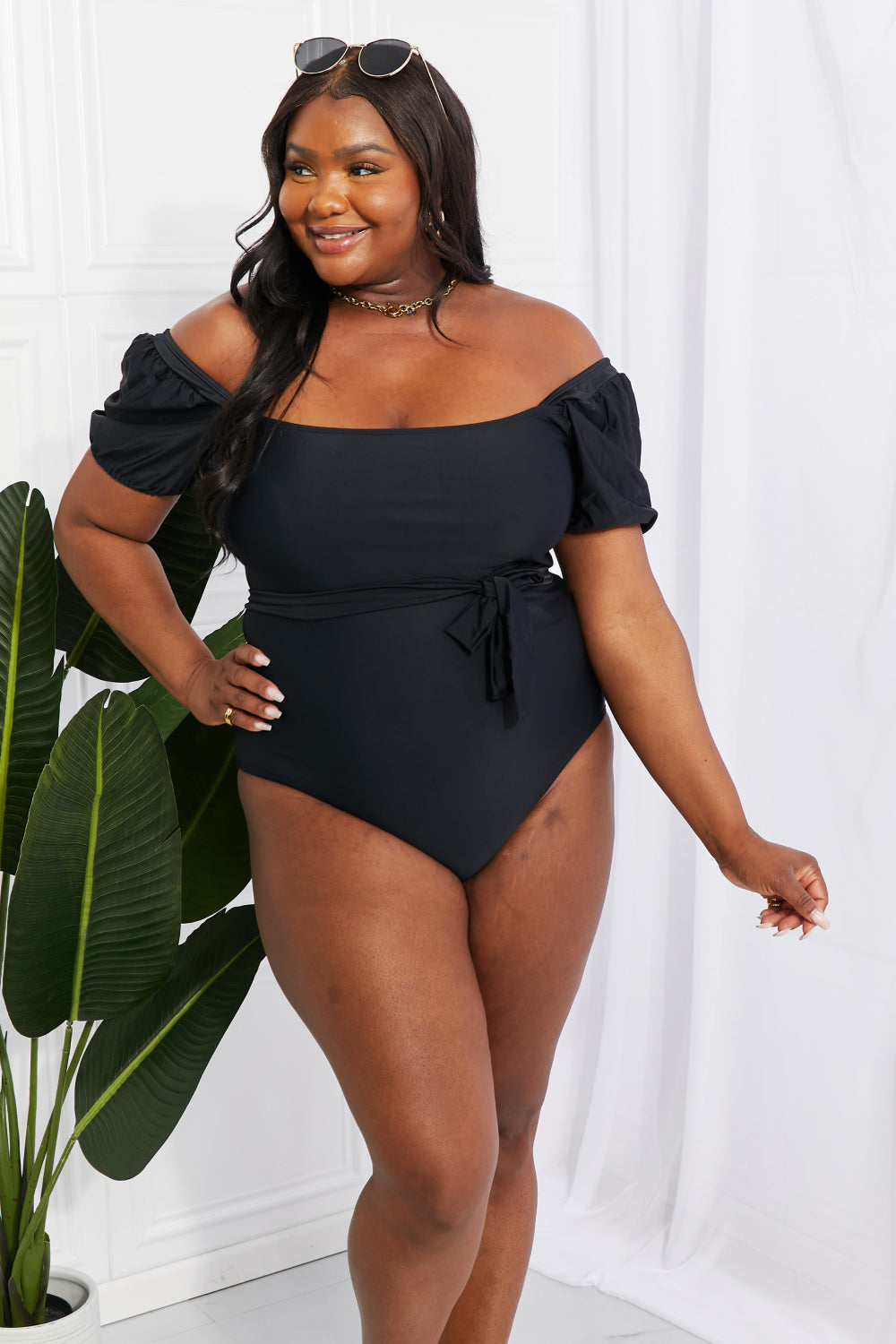 Marina West Swim Salty Air Puff Sleeve One-Piece in Black Print on any thing USA/STOD clothes