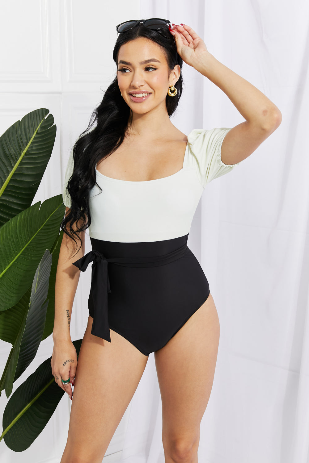 Marina West Swim Salty Air Puff Sleeve One-Piece in Cream/Black Print on any thing USA/STOD clothes