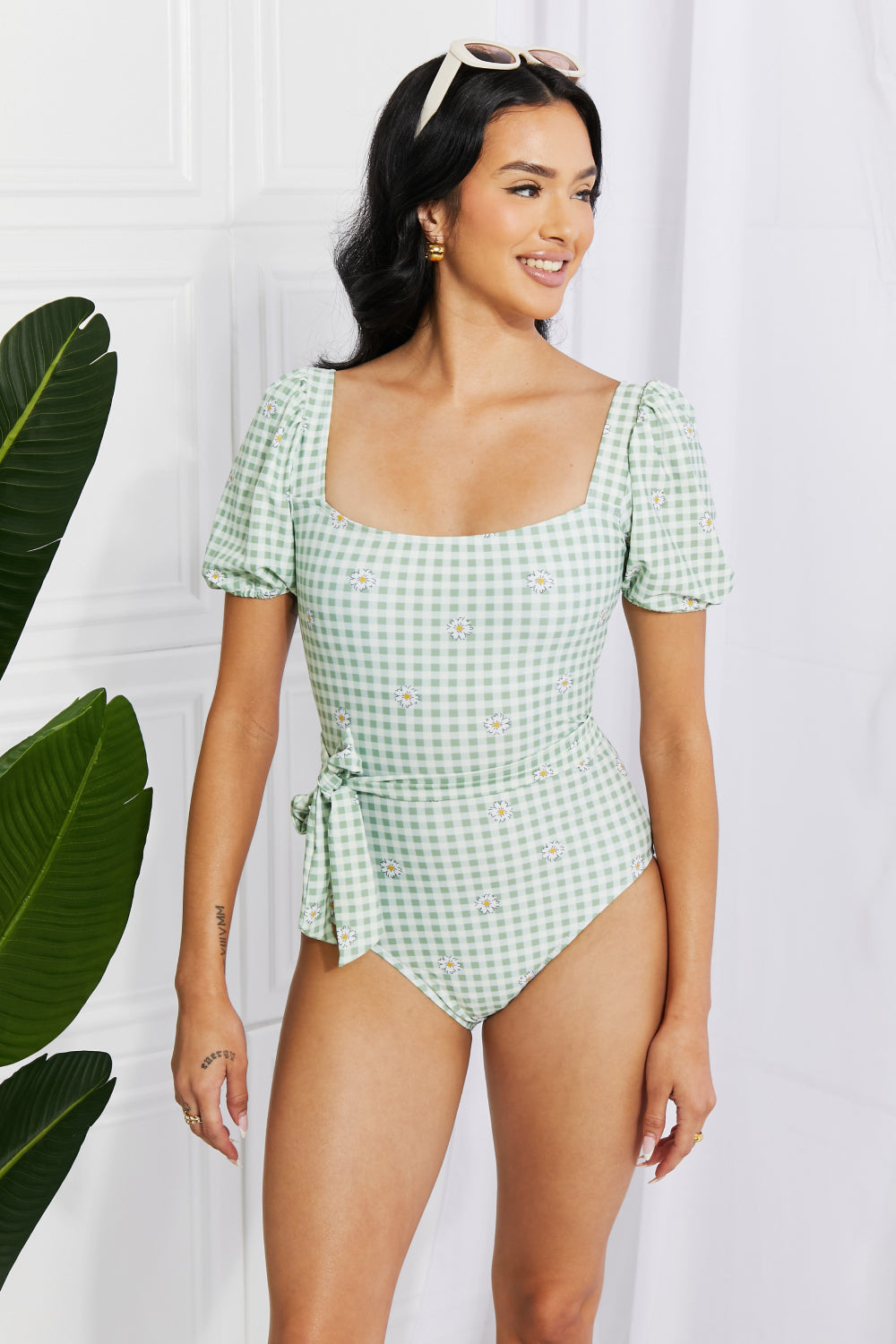 Marina West Swim Salty Air Puff Sleeve One-Piece in Sage Print on any thing USA/STOD clothes