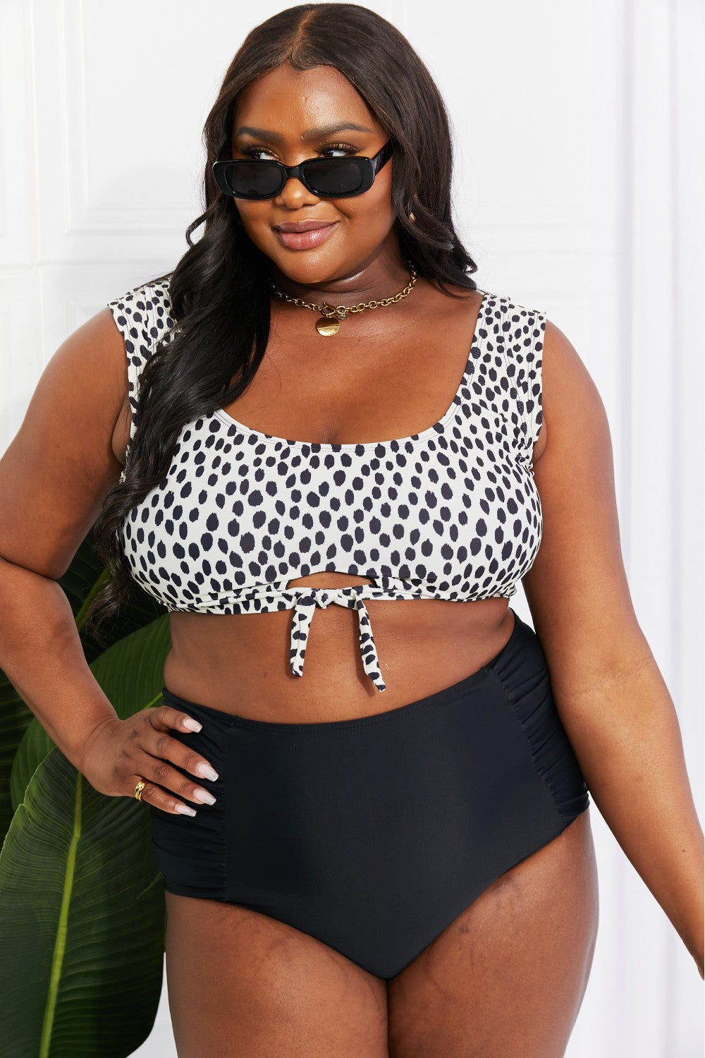 Marina West Swim Sanibel Crop Swim Top and Ruched Bottoms Set in Black Print on any thing USA/STOD clothes