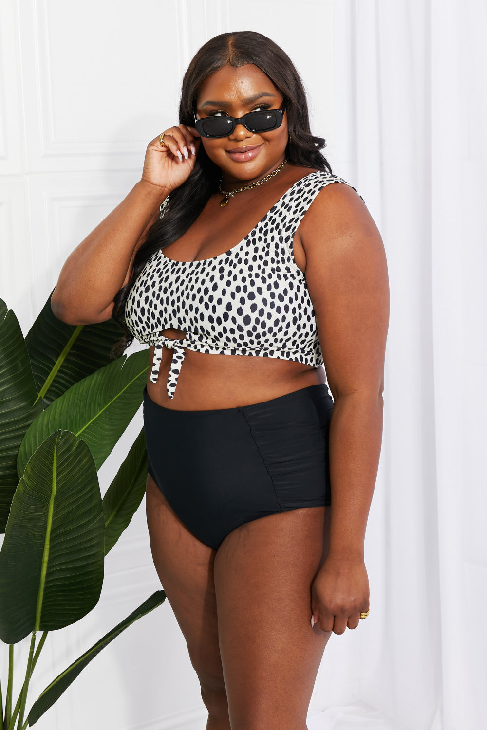 Marina West Swim Sanibel Crop Swim Top and Ruched Bottoms Set in Black Print on any thing USA/STOD clothes