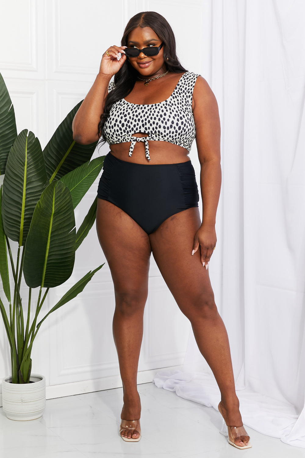 Marina West Swim Sanibel Crop Swim Top and Ruched Bottoms Set in Black Print on any thing USA/STOD clothes