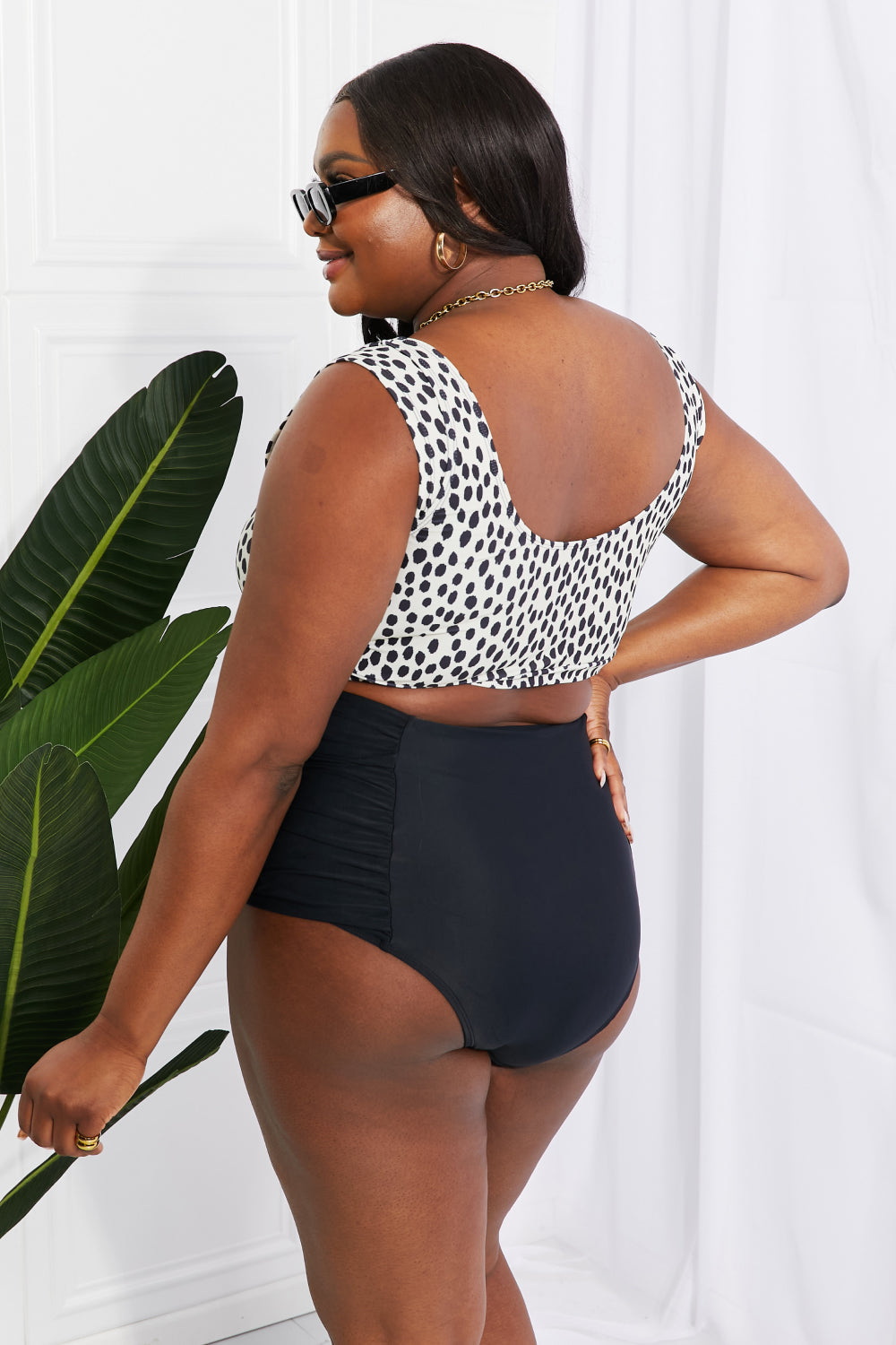 Marina West Swim Sanibel Crop Swim Top and Ruched Bottoms Set in Black Print on any thing USA/STOD clothes