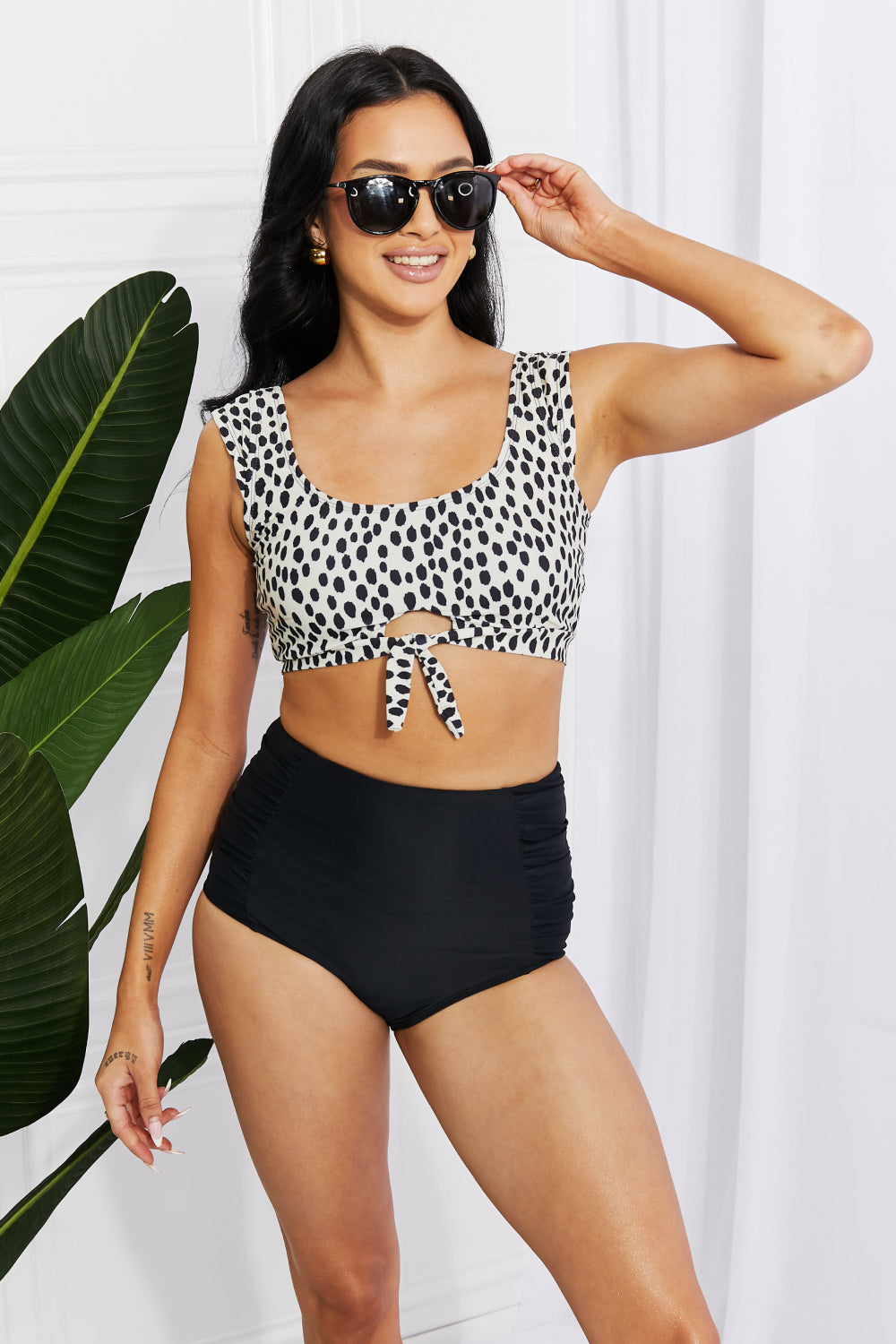 Marina West Swim Sanibel Crop Swim Top and Ruched Bottoms Set in Black Print on any thing USA/STOD clothes