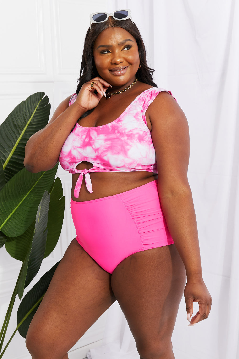 Marina West Swim Sanibel Crop Swim Top and Ruched Bottoms Set in Pink Print on any thing USA/STOD clothes