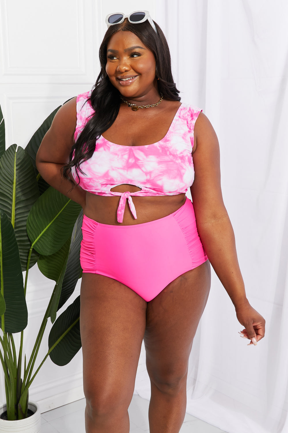 Marina West Swim Sanibel Crop Swim Top and Ruched Bottoms Set in Pink Print on any thing USA/STOD clothes