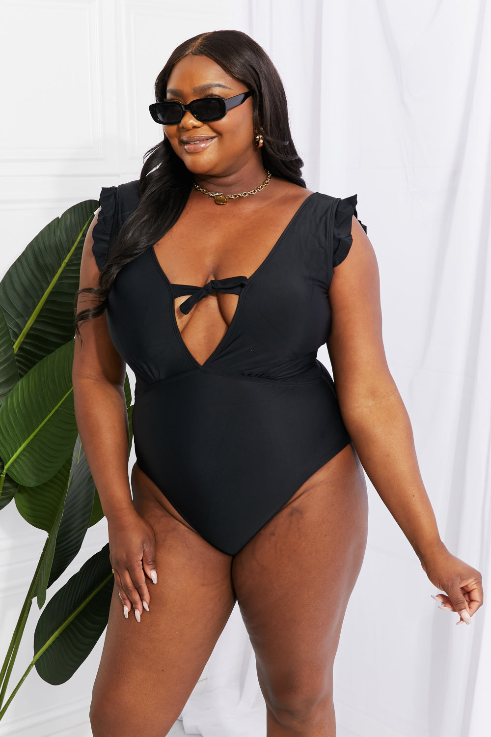 Marina West Swim Seashell Ruffle Sleeve One-Piece in Black Print on any thing USA/STOD clothes