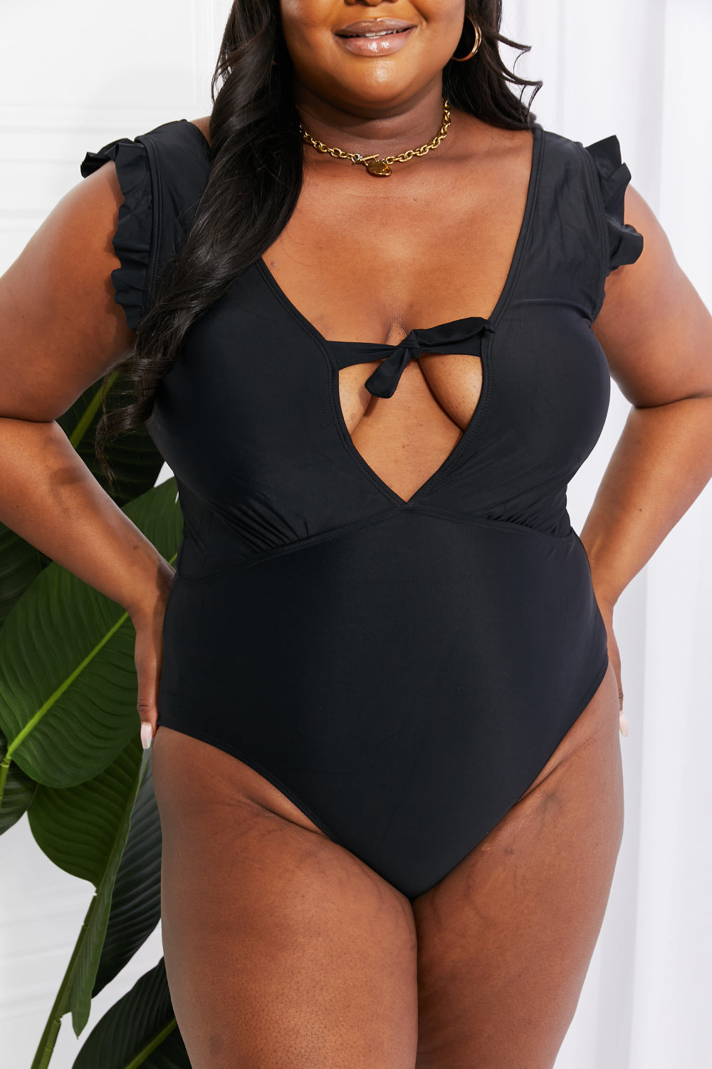 Marina West Swim Seashell Ruffle Sleeve One-Piece in Black Print on any thing USA/STOD clothes